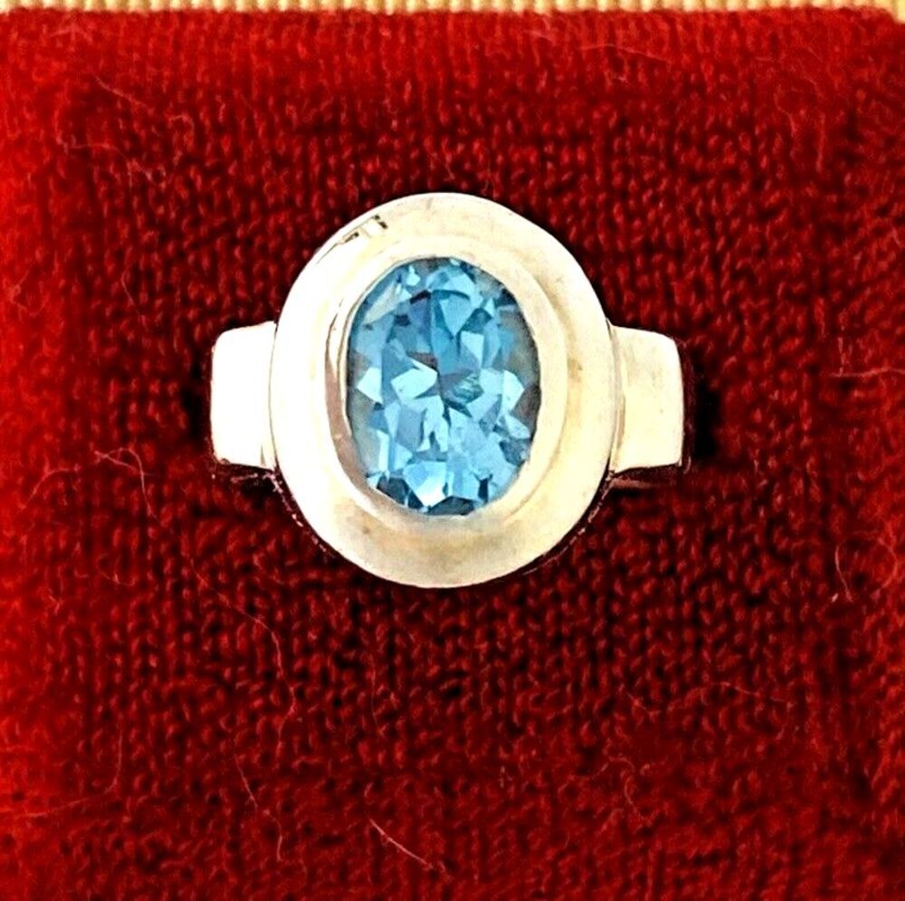 Vintage 3.4Ct Blue Topaz Sterling Silver Modernist Ring S 5.25 BOMA Square Shank
